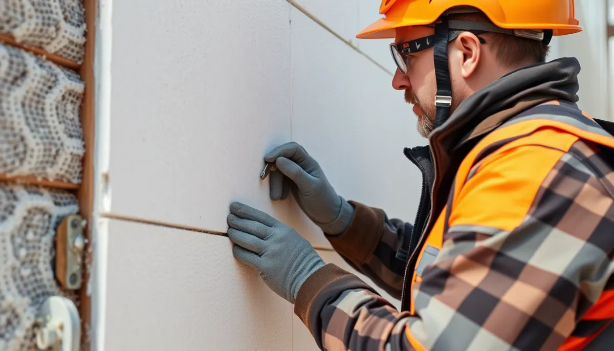 Pose de panneaux de polystyrène expansé sur une façade lors d'une ITE