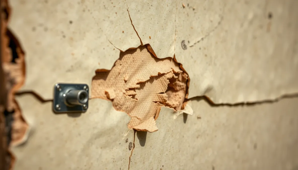 Détail d'une façade isolée endommagée par une fixation inadaptée, avec isolant écrasé et trou d'ancrage apparent