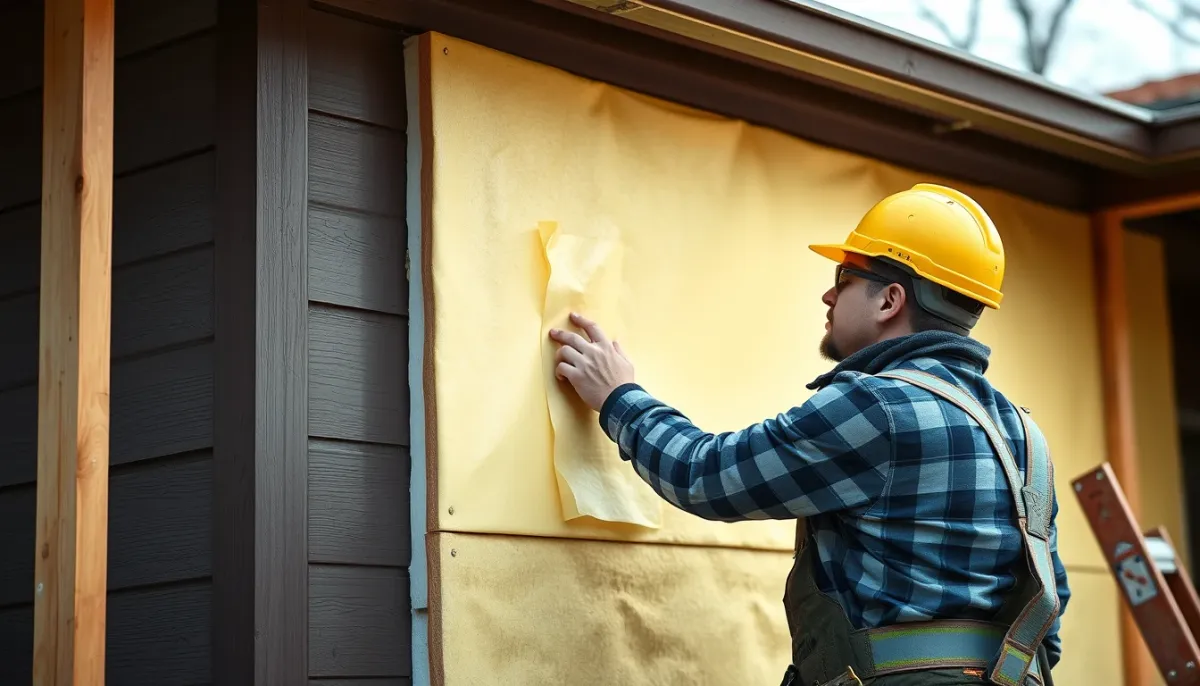 Artisan posant des panneaux isolants sur une façade lors d'une ITE