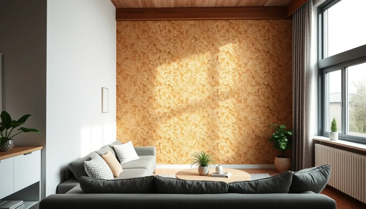 Intérieur d'une maison avec un mur isolé en fibre de bois, ambiance confortable