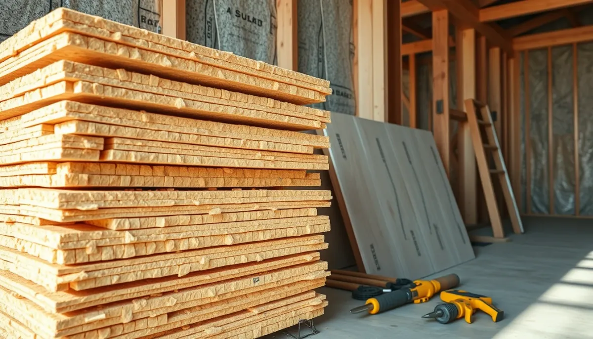 Panneaux de fibre de bois empilés sur un chantier d'ITE, avec outils de pose