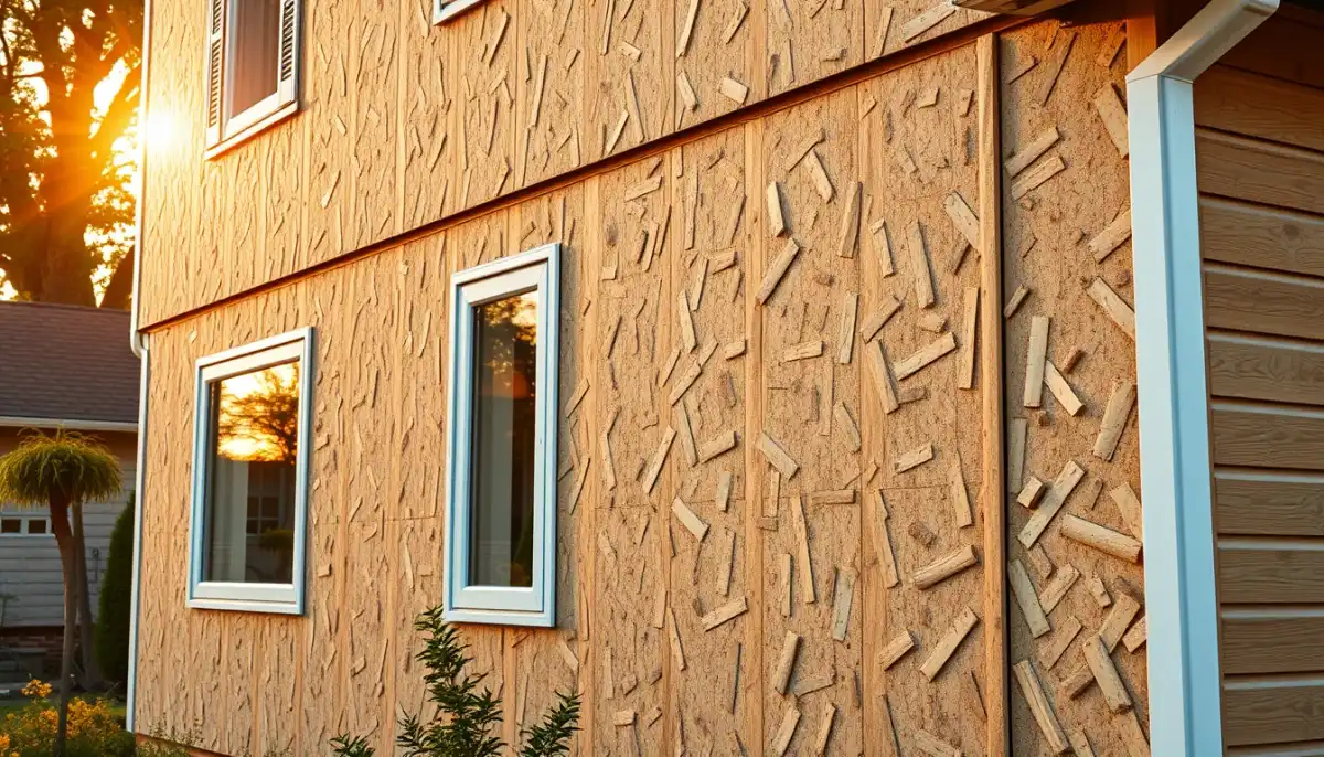 Façade d'une maison en cours d'isolation en fibre de bois, avec une partie déjà couverte