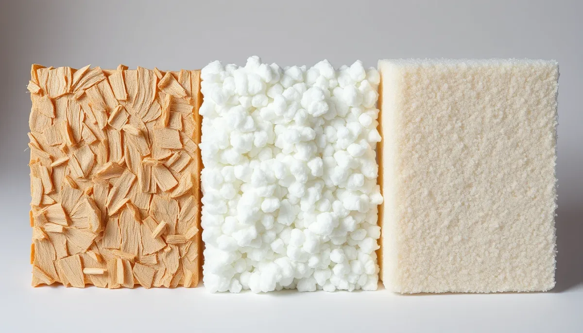 Comparaison de trois matériaux isolants : fibre de bois, polystyrène et laine minérale