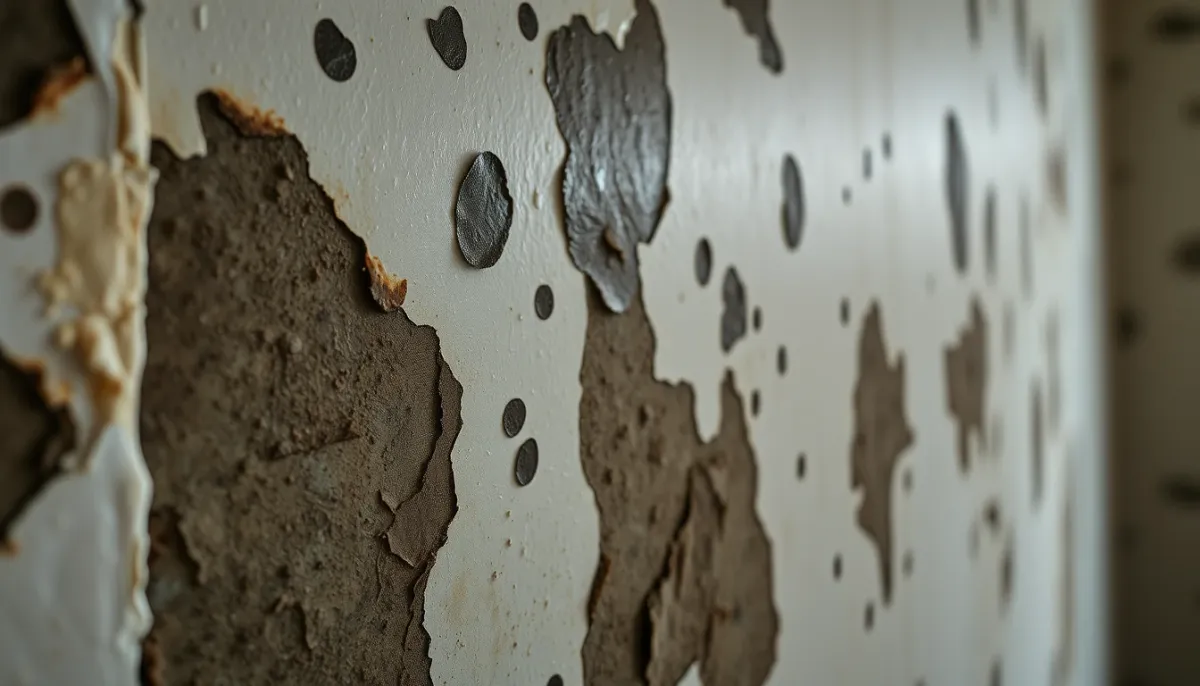 Mur présentant des traces d'humidité, moisissures et enduit qui se décolle
