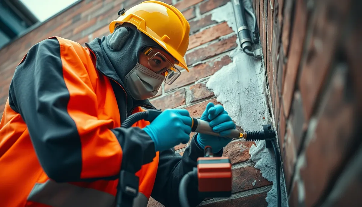 Application d'un traitement hydrofuge par injection dans un mur en briques