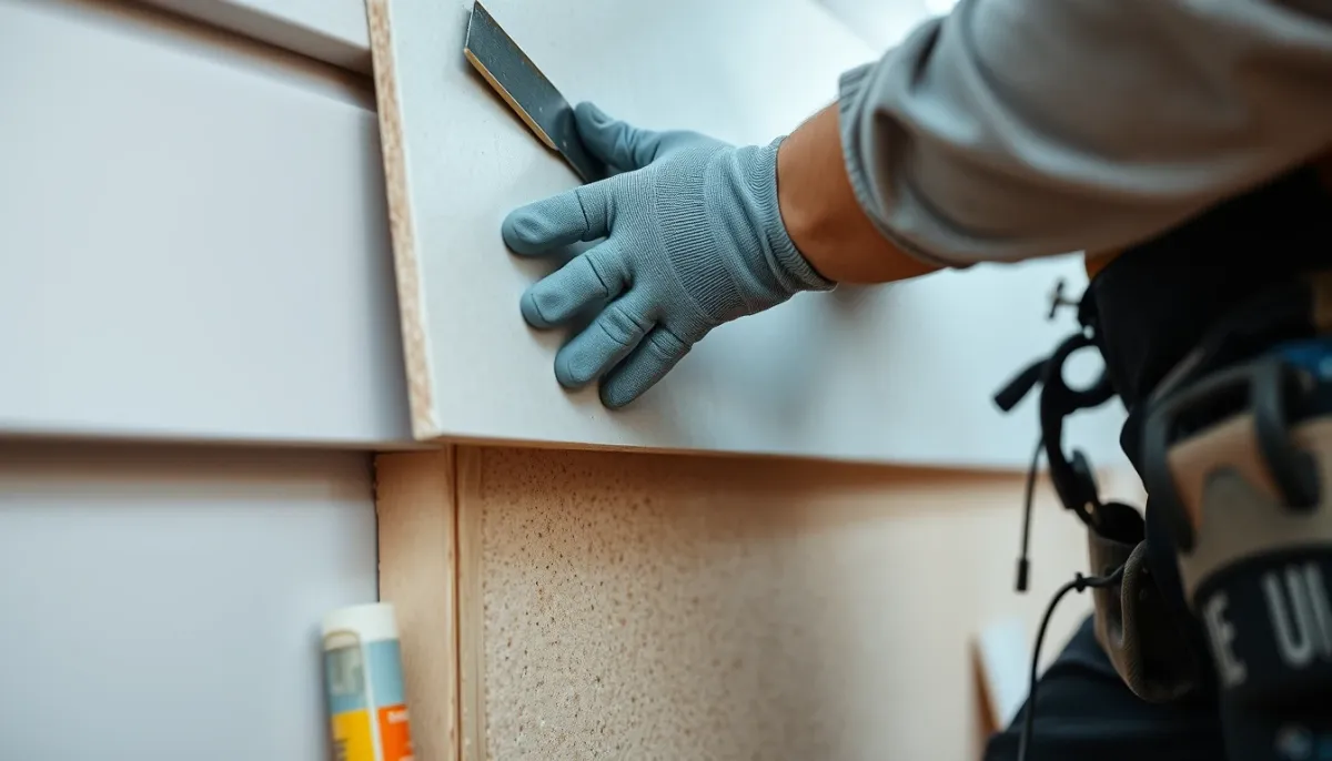 Pose d'un panneau isolant épais sur une façade lors de travaux d'isolation extérieure