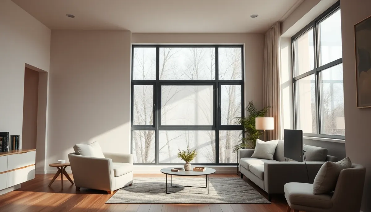 Intérieur confortable d'une maison bien isolée avec une épaisse isolation extérieure visible par la fenêtre