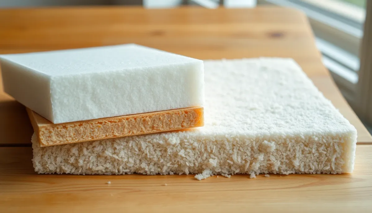 Échantillons de matériaux isolants pour ITE : polyuréthane, polystyrène expansé, laine de roche et ouate de cellulose