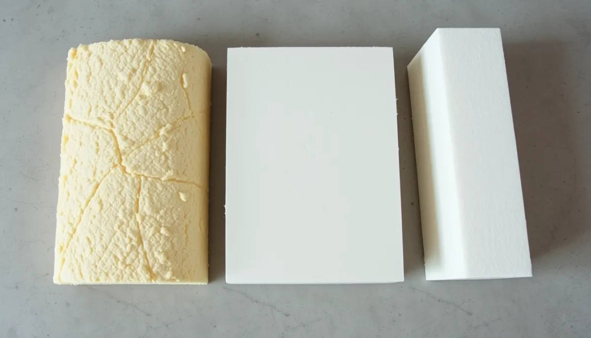 Comparatif visuel de trois isolants pour ITE : laine de roche, polystyrène expansé et polyuréthane