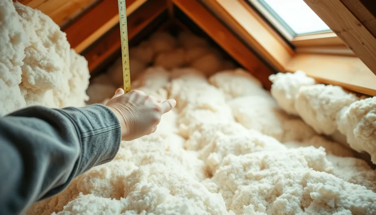 Mains mesurant l'épaisseur de l'isolant en vrac dans les combles avec un mètre ruban