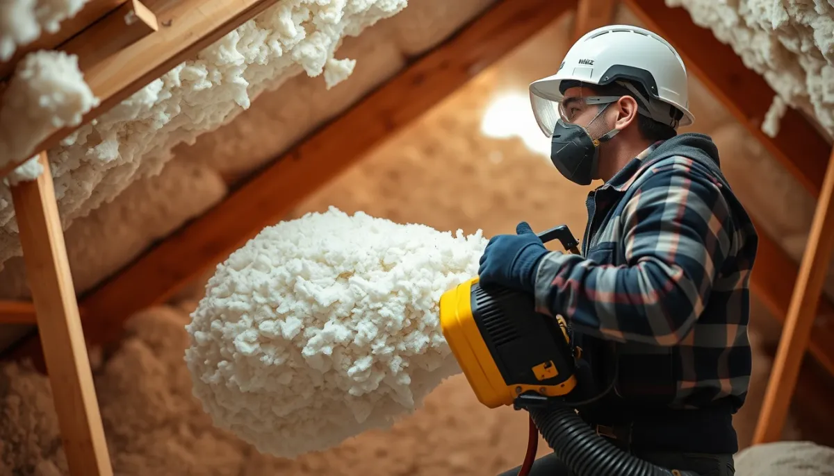 Professionnel de l'isolation soufflant de la ouate de cellulose dans les combles avec une machine