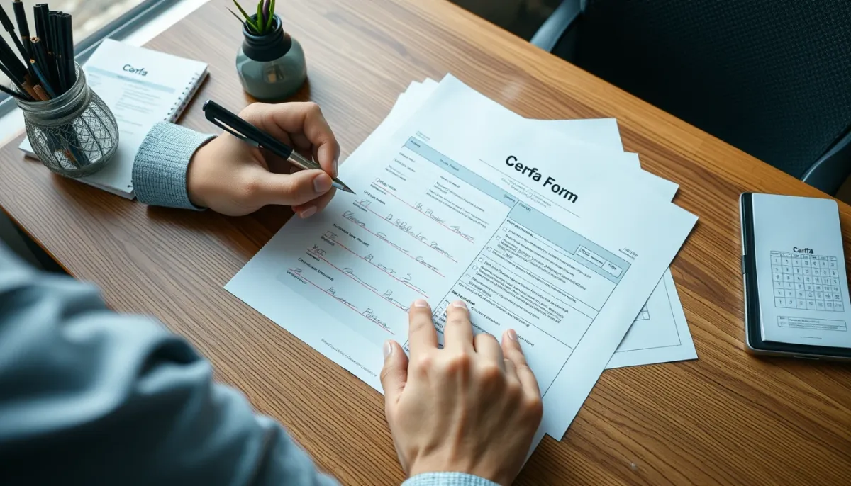 Personne remplissant un formulaire Cerfa de déclaration préalable