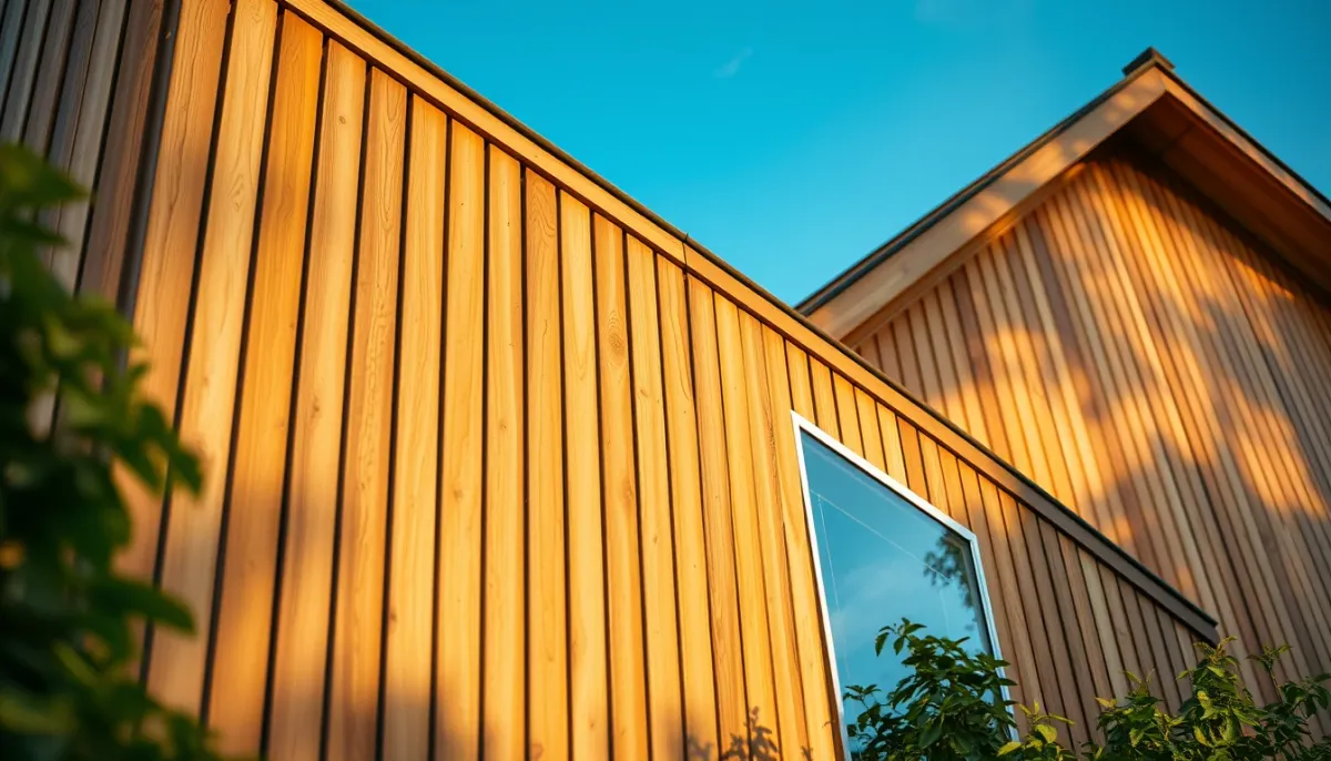 Façade d'une maison avec bardage bois vertical, mettant en valeur la texture et la profondeur du matériau