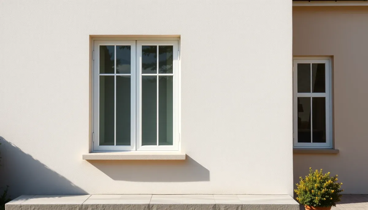 Façade d'une maison avec enduit lisse de couleur beige clair, sans fissures apparentes