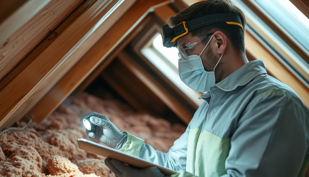 Inspection personnelle de l'isolant des combles avec équipement de protection