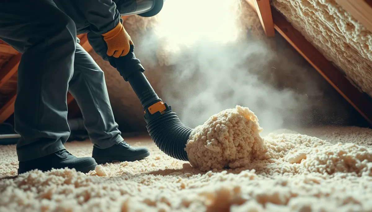Soufflage de laine de cellulose dans des combles perdus par un professionnel