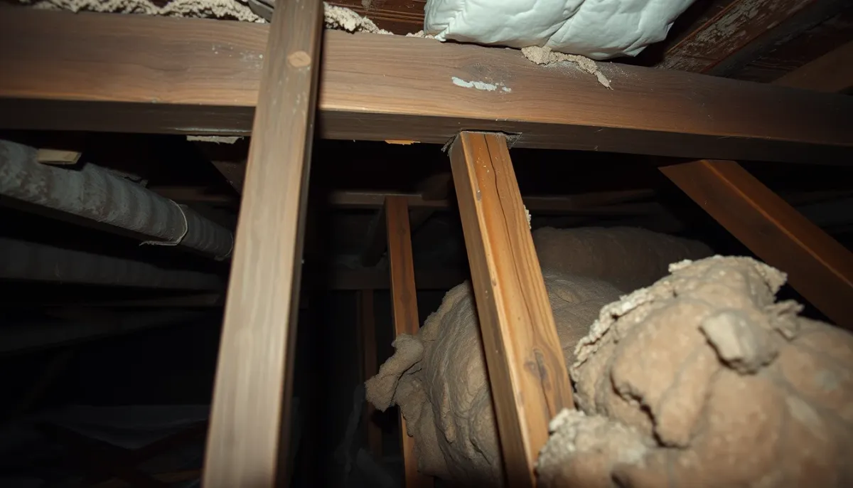 Combles anciens avec isolation dégradée et traces d'humidité sur la charpente