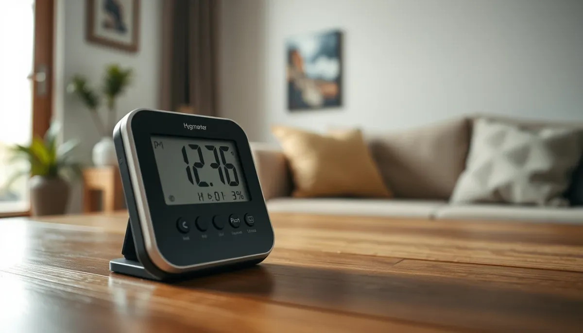 Hygromètre numérique posé sur une table, mesure de l'humidité relative dans une pièce