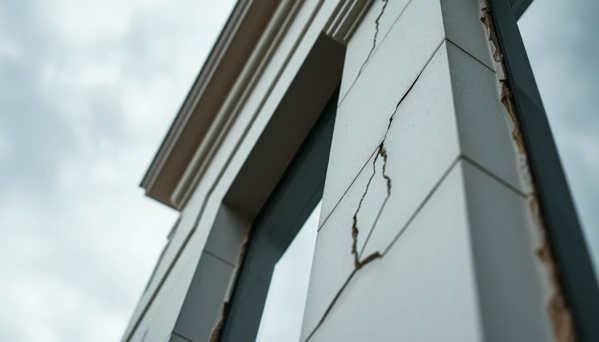 Façade de maison avec fissures et joints abîmés, nécessitant une intervention de façadier