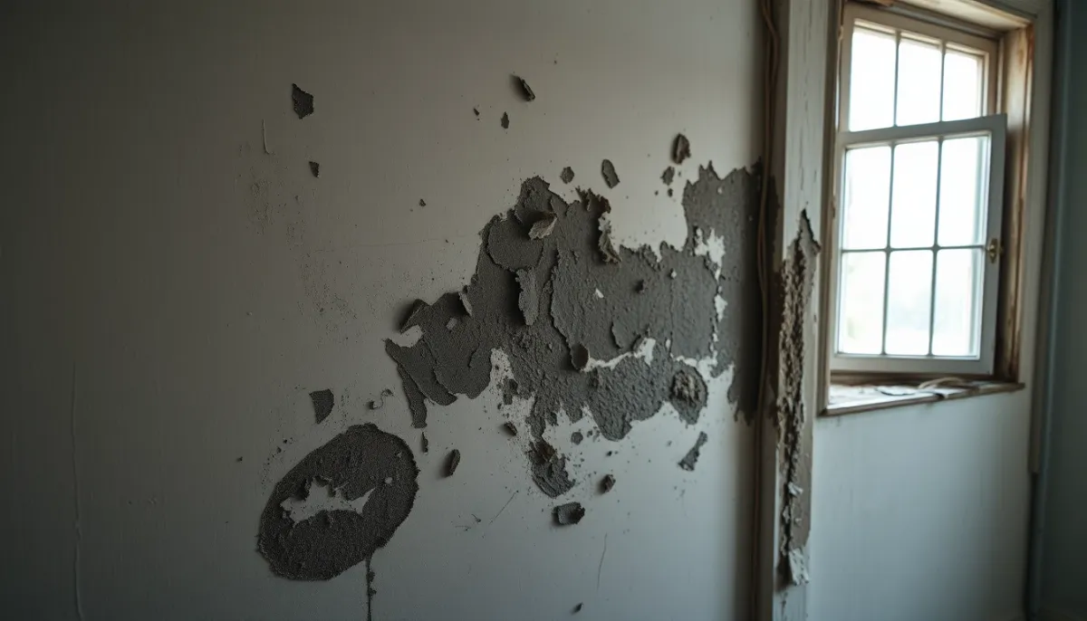 Coin de mur fortement attaqué par la moisissure avec peinture écaillée
