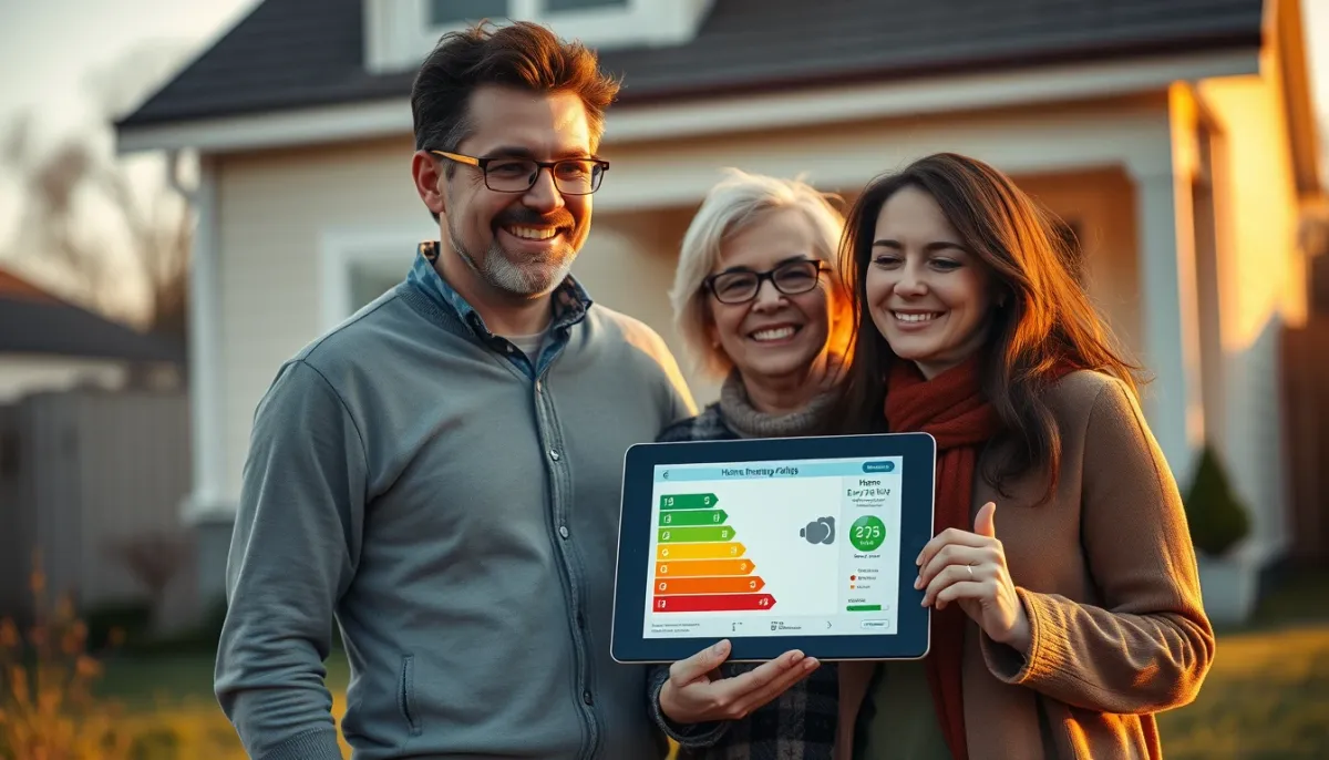 Couple devant sa maison avec une tablette affichant un diagnostic de performance énergétique