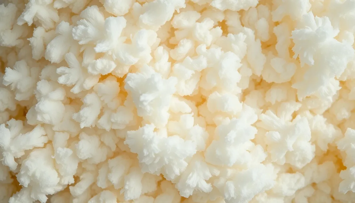 Gros plan sur la ouate de cellulose soufflée, texture et fibres