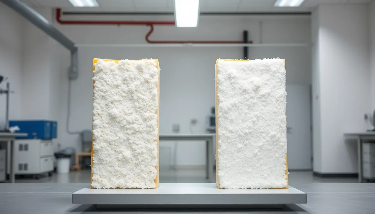 Comparaison côte à côte de la ouate de cellulose et de la laine de verre soufflée