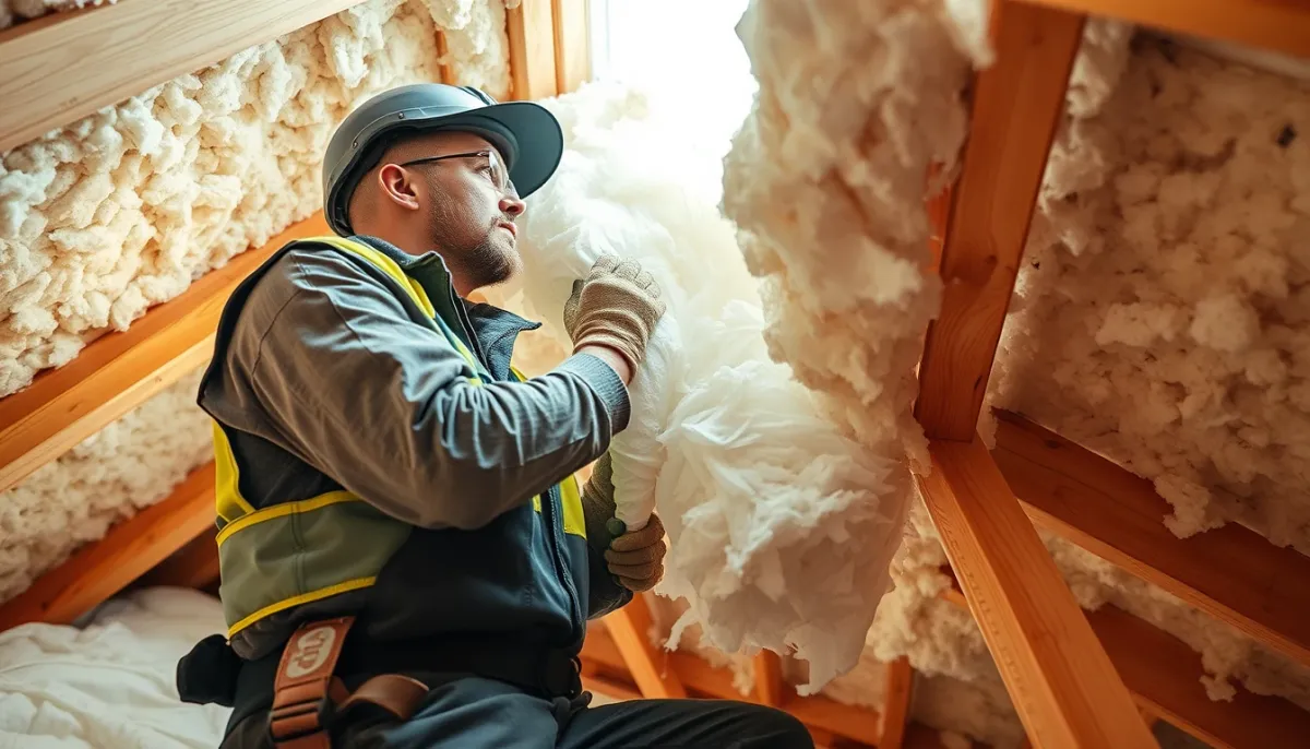 Installation de ouate de cellulose soufflée dans des combles par un professionnel