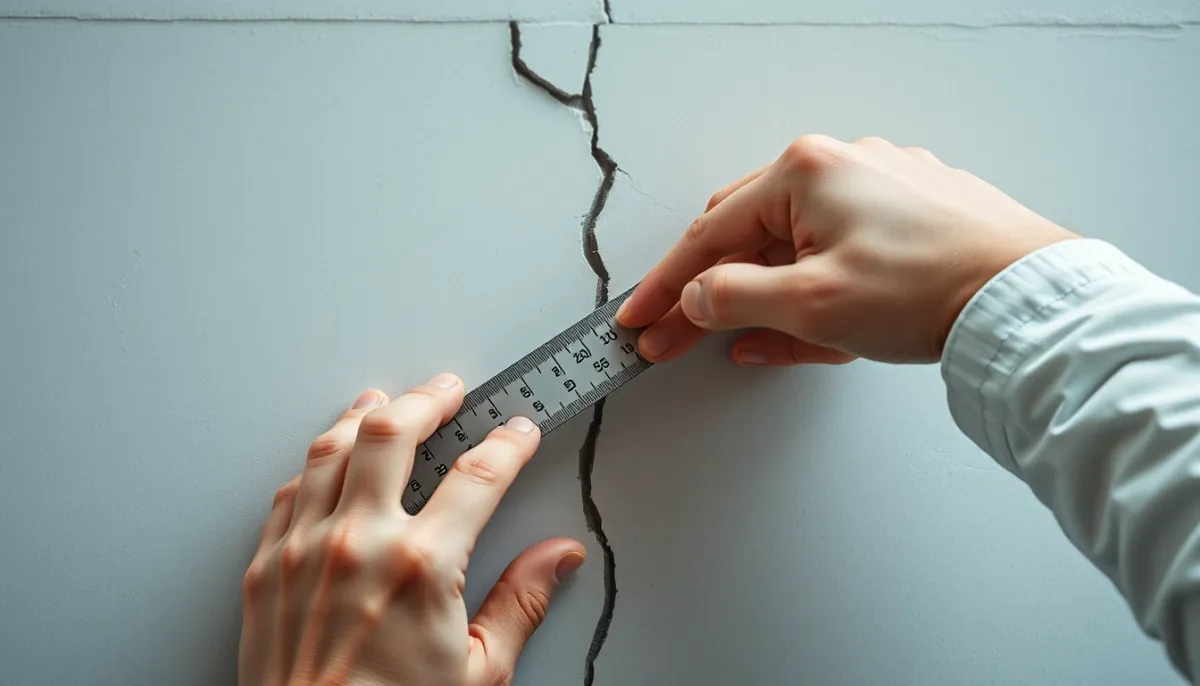 Mains mesurant l'ouverture d'une fissure avec un réglet métallique
