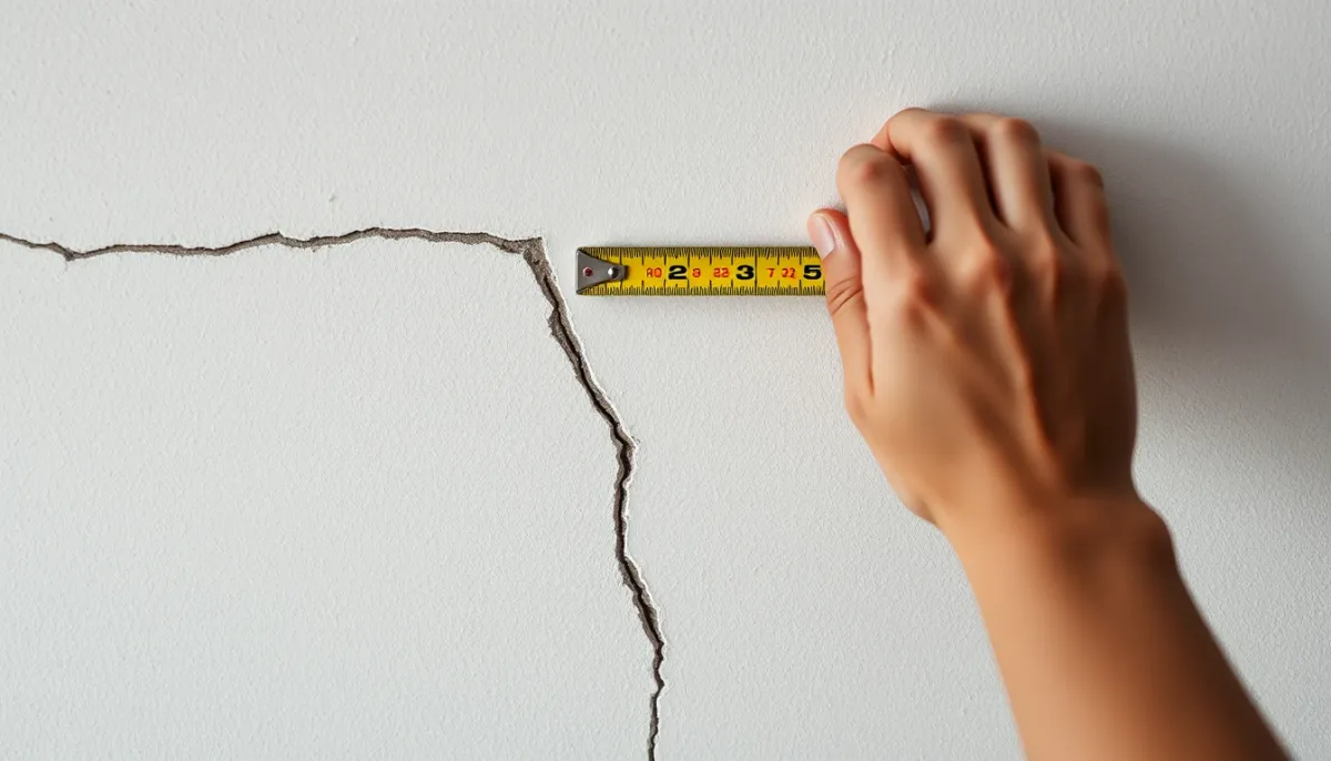 Main d'une personne mesurant une fissure sur un mur avec un mètre ruban