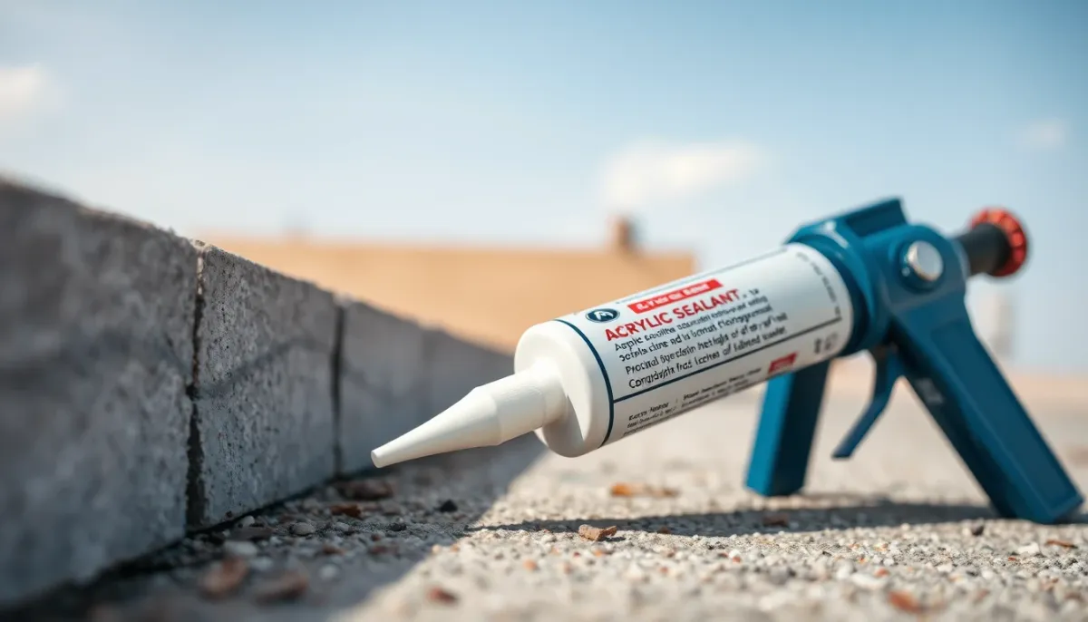 Tube de mastic acrylique et pistolet à mastic sur un chantier, illustrant la réparation des fissures