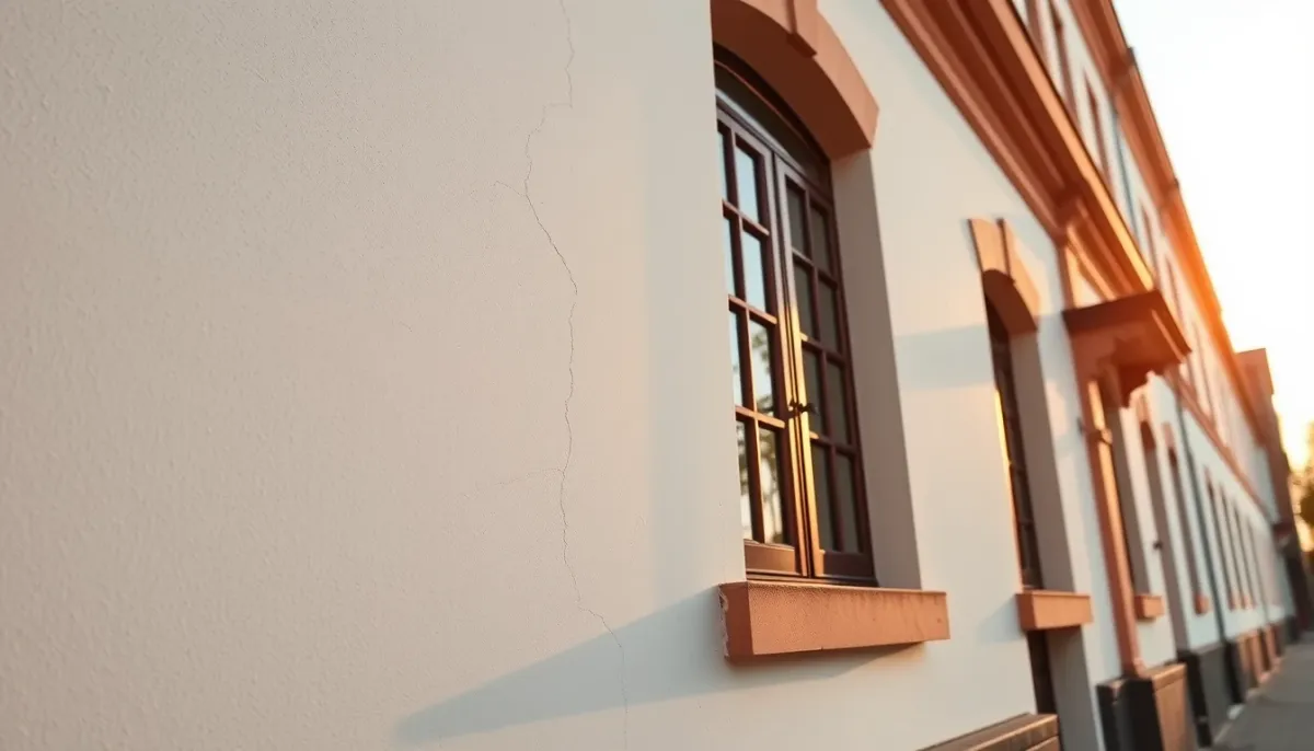 Façade rénovée avec un enduit neuf et sans fissures, illustrant une réparation réussie