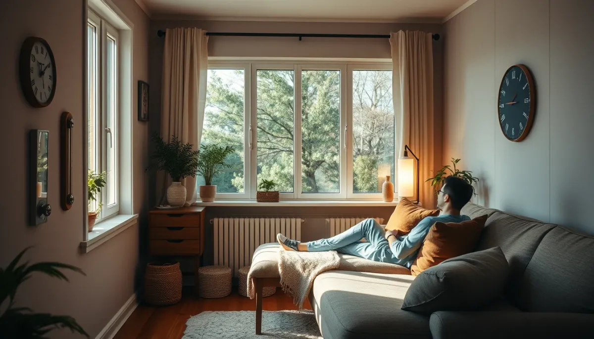 Intérieur confortable d'un salon avec une personne se détendant près d'une fenêtre, illustrant le confort thermique après isolation