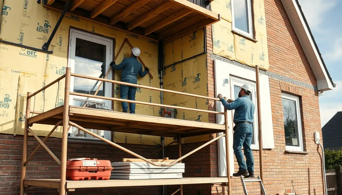 Chantier d'isolation extérieure avec ouvriers sur échafaudage posant des panneaux isolants sur une façade