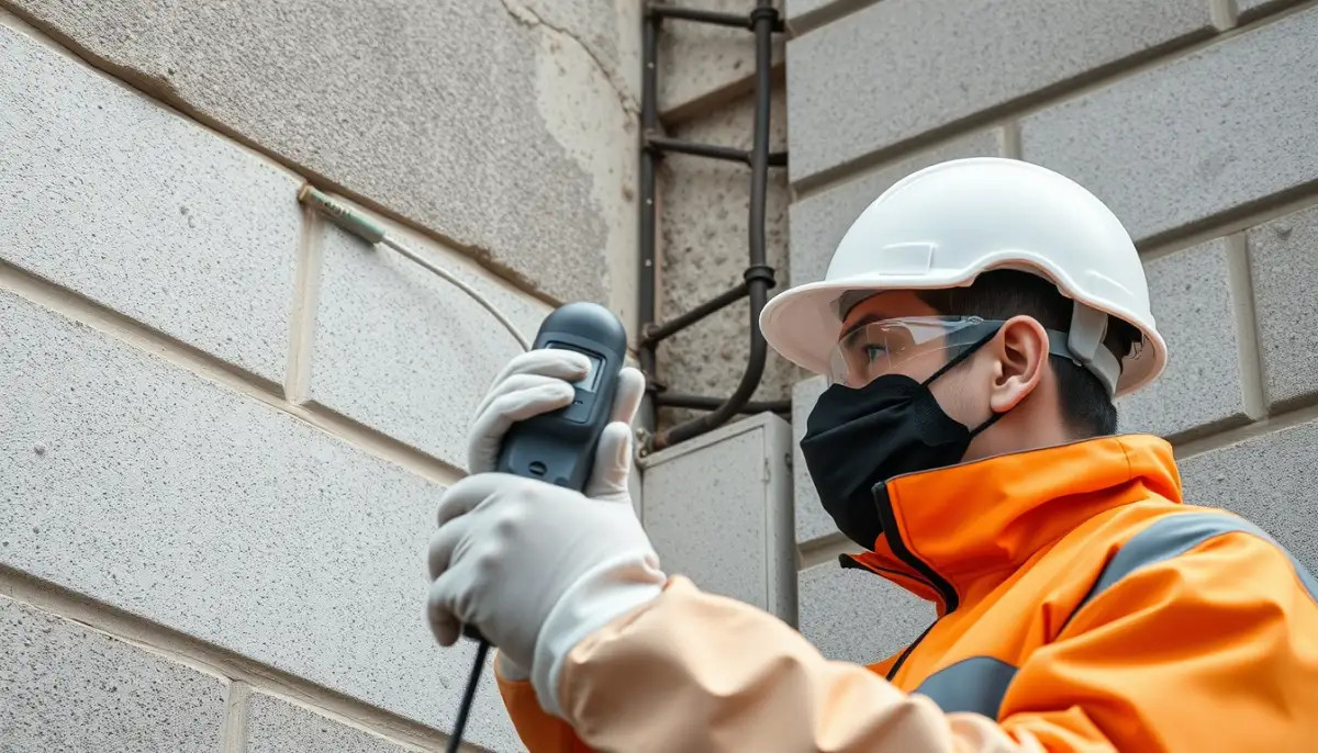 Façadier réalisant un diagnostic d'humidité sur un enduit de façade