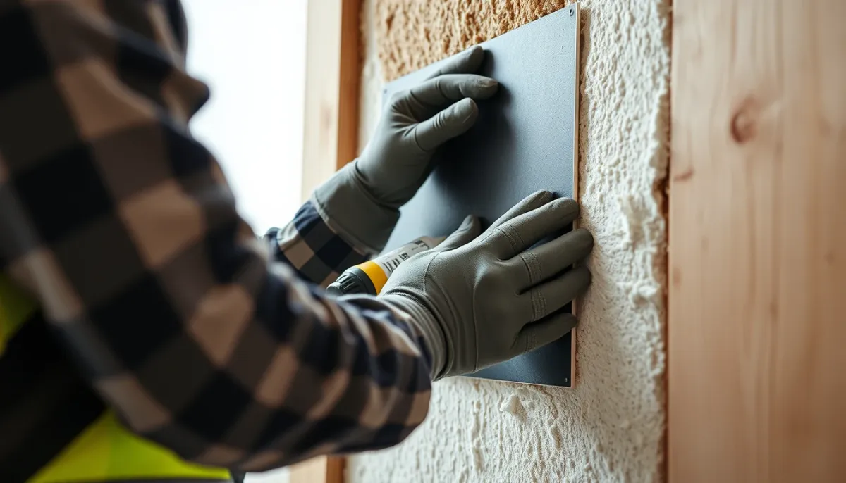 Pose d'un panneau isolant en doublage collé sur un mur intérieur