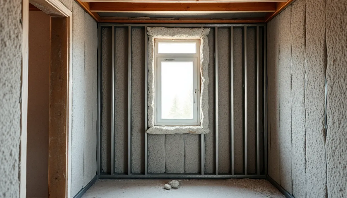 Chantier d'isolation intérieure avec ossature métallique et laine minérale