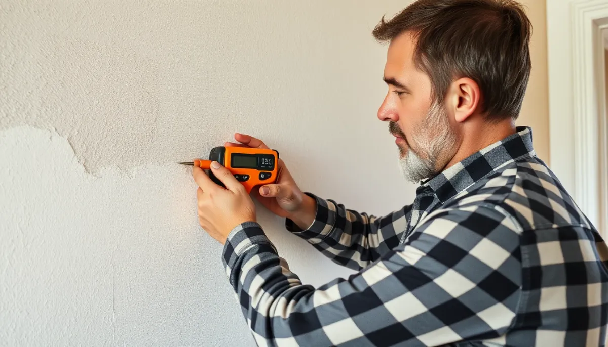 Propriétaire vérifiant l'humidité d'un mur avant d'installer un doublage isolant