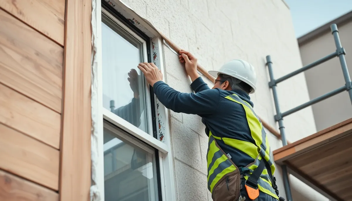 Artisan installant une isolation extérieure sur une façade